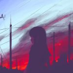  1girl from_behind long_hair looking_back original profile sky solo sunset wistar!a 
