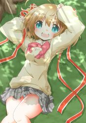  1girl blonde_hair blue_eyes grass kamikita_komari little_busters!! lying ribbon school_uniform short_hair soutsuki_naru 