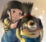  1girl agnes_(despicable_me) artist_name black_gloves black_hair blush brown_eyes despicable_me glint gloves goggles hair_bobbles hair_ornament high_ponytail kawacy minion_(despicable_me) overalls shirt striped striped_shirt wig yellow_skin 