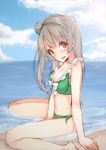  1girl absurdres bikini brown_eyes grey_hair highres long_hair love_live!_school_idol_project mikazuchi_zeus minami_kotori sitting swimsuit topknot wariza 