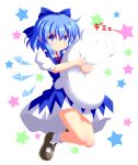  1girl blue_eyes blue_hair cirno dress highres nanaoto_(lycia) pillow pillow_hug puffy_short_sleeves puffy_sleeves short_sleeves smile star starry_background touhou wings 