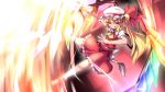  1girl :p ascot blonde_hair bow braid flandre_scarlet hat hat_bow highres kimagure_ringo laevatein long_hair red_eyes sash side_braid solo tongue tongue_out touhou wings 