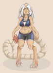 1girl abs barefoot bike_shorts book breasts claws dark_skin endless_library eyebrows full_body green_eyes holding holding_book horns lizhp long_hair long_tail midriff monster_girl original pointy_ears simple_background solo sports_bra tail whistle_frog white_hair