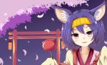  animal_ears blush bust candy_apple cherry_blossoms fang fox_ears hatsuse_izuna headband highres japanese_clothes kertaspata looking_at_viewer no_game_no_life purple_hair red_eyes short_hair sleeves_past_wrists slit_pupils smile torii 