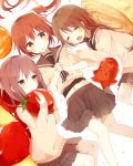  3girls :o :| black_clothes boyano braid brown_eyes brown_hair dots drooling egg food hair_ornament hands_clasped in_food long_hair looking_at_another multiple_girls open_mouth original pastry pleated_skirt school_uniform serafuku side_ponytail simple_background sitting skirt sleeping tako-san_wiener tomato white_background white_clothes 