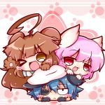  &gt;_o 3girls :3 ;d ahoge animal_ears bear_ears blue_hair blush_stickers brown_eyes brown_hair cat_ears chibi dog_ears eyepatch hat kantai_collection kemonomimi_mode kiso_(kantai_collection) kuma_(kantai_collection) long_hair lying_on_person multiple_girls open_mouth paws pink_eyes pink_hair ritateo school_uniform serafuku short_hair smile sweat tama_(kantai_collection) wink 