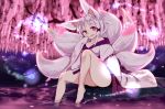 1girl animal_ears bare_shoulders barefoot cherry_blossoms fox_ears fox_tail highres japanese_clothes kimono kitsune legs long_sleeves multiple_tails original short_hair sitting sleeves_past_wrists solo tail tree violet_eyes wankoo-mikami water white_hair 