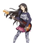  1girl akiyama_mio bass_guitar black_hair instrument k-on! left-handed long_hair long_sleeves looking_at_viewer mahenbu pantyhose parted_lips payot playing_instrument simple_background sleeves_past_wrists sweater violet_eyes white_background wind 