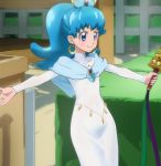  1girl alternate_costume bell blue_eyes blue_hair dress earrings happinesscharge_precure! haruyama_kazunori jewelry jingle_bell outstretched_arms ponytail precure shirayuki_hime smile solo white_dress 