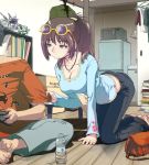  1boy 1girl all_fours anger_vein bag barefoot bottle breasts brown_hair butterfly_sitting denim figure green_eyes gundam handbag hatsune_miku indoors jeans large_breasts original out_of_frame panties pants playing_games ponytail shirt_pull sunglasses sunglasses_on_head underwear vocaloid water_bottle ymr 