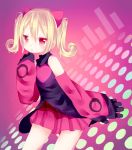  1girl black_gloves blonde_hair copyright_request detached_sleeves gloves leaning_forward looking_at_viewer nachi parted_lips pleated_skirt red_eyes skirt solo tagme twintails 
