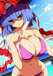  1girl bikini blush bow breasts cleavage clouds hat hat_bow holding large_breasts messy nagae_iku navel ocean open_mouth pink_bikini popsicle purple_hair red_eyes shawl short_hair sky solo sousakubito swimsuit touhou 