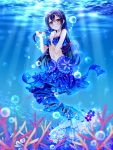  1girl black_hair blurry blush brown_eyes depth_of_field fish_tail grandia_bing hair_ornament in_water long_hair looking_at_viewer love_live!_school_idol_project mermaid monster_girl navel ocean smile solo sonoda_umi submerged tail water 