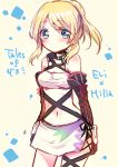  1girl ayase_eli blonde_hair blue_eyes blush cosplay detached_sleeves long_hair love_live!_school_idol_project milla_maxwell milla_maxwell_(cosplay) navel ponytail simple_background skirt solo tales_of_(series) tales_of_xillia ytuorvi 