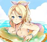  1girl ayase_eli bare_shoulders bent_over bikini blonde_hair blue_eyes bracelet breasts collarbone earrings hair_ribbon innertube jewelry looking_at_viewer love_live!_school_idol_project o-ring_bikini o-ring_top ponytail ribbon smile solo swimsuit tachibana_yuu 