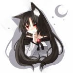  1girl animal_ears bare_shoulders brown_hair crescent_moon dress frilled_sleeves frills imaizumi_kagerou long_hair long_sleeves moon red_eyes sh_(562835932) smile touhou wolf_ears 