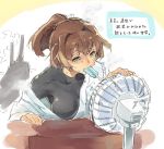  1girl breasts brown_hair bust cannon dripping electric_fan hair_ribbon hot ise_(kantai_collection) kantai_collection long_hair mouth_hold off_shoulder official_art ponytail popsicle ribbon sketch smoke solo sweat two-cat-walk 