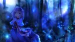  1girl alice_margatroid blonde_hair blue_eyes bow capelet dress forest furomaaju_(fromage) hair_bow hairband hands_clasped highres nature night petals ribbon sash short_hair solo touhou tree 
