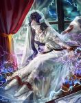  1girl bandages breasts bridal_veil bride bride_of_frankenstein cleavage dark_sky dress electricity frankenstein indoors jane_mere jewelry lightning long_hair looking_down purple_hair solo square_enix stitches strap torn_clothes trading_cards veil wedding_dress white_eyes white_skin window zombie 