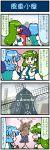  2girls 4koma artist_self-insert blue_hair breasts closed_eyes comic commentary detached_sleeves frog_hair_ornament g_gundam green_eyes green_hair gundam hair_ornament highres juliet_sleeves karakasa_obake kochiya_sanae large_breasts long_sleeves mizuki_hitoshi multiple_girls nether_gundam open_mouth puffy_sleeves real_life_insert smile snake_hair_ornament tatara_kogasa touhou translated umbrella windmill 