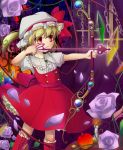  1girl alternate_weapon archery blonde_hair bow_(weapon) candle chain cross-laced_footwear flandre_scarlet flower frilled_hat frilled_skirt frills hat hat_ribbon highres kakiikada laevatein mob_cap petals red_eyes ribbon rose short_hair skirt smile touhou vest weapon wings 