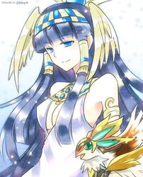  1girl animal armlet bangs bare_shoulders bird black_hair blue_eyes blunt_bangs breasts bust chisa cleavage dated dress egyptian egyptian_clothes hair_tubes hairband horus_(p&amp;d) isis_(p&amp;d) light_smile long_hair puzzle_&amp;_dragons sleeveless sleeveless_dress solo twitter_username very_long_hair white_dress winged_hair_ornament 