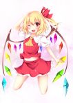  1girl ascot blonde_hair bow fang flandre_scarlet hair_bow highres kneeling midriff navel no_hat open_mouth puffy_short_sleeves puffy_sleeves red_eyes shirt short_sleeves side_ponytail sisterakuma skirt skirt_set smile solo touhou vest wings wink 
