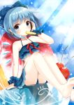  1girl alternate_costume arm_support bare_legs barefoot blue_eyes blue_hair bow cherry cirno collarbone food frilled_swimsuit frills fruit hair_bow hair_ribbon headphones headrest looking_at_viewer mouth_hold navel popsicle ribbon shaved_ice sitting solo swimsuit tagme touhou wings wrist_cuffs yon_(letter) 