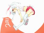  1girl animal_ears ass bent_over bunny_tail kaede_(003591163) looking_at_viewer navel new_year original panties pleated_skirt rabbit_ears red_eyes skirt smile solo striped striped_panties tagme tail twintails underwear white_hair 