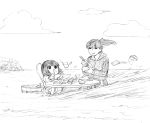  2girls akagi_(kantai_collection) bowl chibi clouds cup eating itou_korosuke kaga_(kantai_collection) kantai_collection monochrome multiple_girls outdoors side_ponytail table track_suit wind 