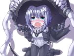  1girl aqua_eyes bandaid black_gloves black_legwear blush bodysuit boots cape commentary fangs gloves hat kantai_collection monster_girl open_mouth oukawa_yuu silver_hair sitting solo tears tentacles torn_cape wariza wavy_mouth wo-class_aircraft_carrier 