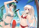  2girls arm_up bikini blonde_hair breasts choker cleavage crop_top dutch_angle front-tie_bikini front-tie_top green_eyes green_hair hatsune_miku highres ia_(vocaloid) jun_project long_hair microphone multiple_girls navel open_mouth ponytail side-tie_bikini smile striped striped_bikini striped_swimsuit swimsuit twintails v very_long_hair vocaloid 