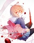  1girl black_legwear blood blood_splatter blurry brown_eyes brown_hair depth_of_field funota glasses kuriyama_mirai kyoukai_no_kanata looking_at_viewer pantyhose pleated_skirt school_uniform serafuku short_hair skirt solo sweater tagme 