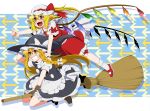  &gt;:) 2girls :d blonde_hair bow braid broom eichi_yuu fang flandre_scarlet grin hair_bow hair_ribbon hand_on_headwear hat kirisame_marisa long_hair mob_cap multiple_girls open_mouth pointing pointy_ears red_eyes ribbon riding side_ponytail single_braid smile touhou wings witch_hat yellow_eyes 