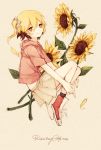  1girl blonde_hair flower hoodie kagerou_project kisaragi_momo long_hair orange_eyes shiro_kunugi side_ponytail sunflower 