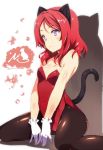  1girl animal_ears bare_shoulders black_legwear blush bunnysuit cat_ears cat_tail covered_navel fake_animal_ears gloves highres looking_away love_live!_school_idol_project nishikino_maki pantyhose redhead short_hair sitting sketch smile solo sweat tachibana_yuu tail v_arms violet_eyes wariza white_gloves 