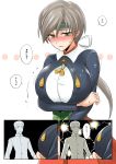  1boy 1girl admiral_(kantai_collection) blush breast_hold breasts brown_eyes chitose_(kantai_collection) comic faker_ktd grey_hair headband highres huge_breasts kantai_collection long_sleeves military military_uniform naval_uniform ponytail translation_request uniform 