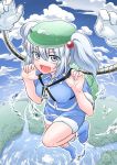  &gt;:d 1girl :d backpack bag blue_hair blue_sky blush boots clouds fisheye fuuzasa hair_bobbles hair_ornament hat highres kawashiro_nitori lake mechanical_arms open_mouth river rubber_boots shirt shorts sky smile solo touhou twintails whirlpool 