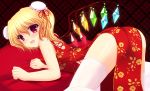  1girl all_fours alternate_costume ass bare_shoulders blonde_hair blush china_dress chinese_clothes double_bun flandre_scarlet highres red_eyes shimotsuki_keisuke side_ponytail solo thighs touhou white_legwear wings 