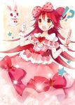  !? 1girl :d bow brown_eyes choker collarbone double_bun dress frilled_dress frills gloves hair_bow hair_bun hair_ribbon holding jewelpet_(series) lady_jewelpet long_hair looking_at_viewer momona open_mouth redhead ribbon ruby_(jewelpet) smile sparkle star surprised white_gloves yon_(letter) 