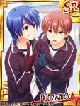  2boys angel_beats! blue_hair brown_eyes brown_hair card_(medium) gloves hinata_(angel_beats!) multiple_boys otonashi_(angel_beats!) satomi_yoshitaka short_hair track_suit violet_eyes 