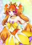  1girl amanogawa_kirara bare_shoulders blush choker cure_twinkle earrings frilled_skirt frills gloves go!_princess_precure hand_on_hip hand_on_own_chin jewelry long_hair looking_at_viewer magical_girl multicolored_hair okayashi open_mouth orange_hair precure quad_tails redhead ribbon skirt smile solo sparkle star star_earrings streaked_hair twintails two-tone_hair violet_eyes 