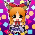  1girl belt blush bottle bow chain chibi fang horns ibuki_suika long_hair open_mouth orange_eyes orange_hair purple_background ribbon sake_bottle shapes smile soramame1110 touhou 