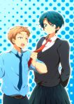  1boy 1girl alternate_eye_color androgynous blue_eyes blue_hair brown_eyes brown_hair eyebrows gekkan_shoujo_nozaki-kun height_difference hori_masayuki kashima_yuu necktie necktie_grab pleated_skirt reverse_trap short_hair skirt sweater 