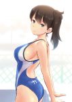  1girl alternate_costume arm_support black_hair blue_eyes blush breasts competition_swimsuit highres kaga_(kantai_collection) kantai_collection large_breasts looking_at_viewer one-piece_swimsuit short_hair side_ponytail sideboob solo swimsuit wa_(genryusui) 