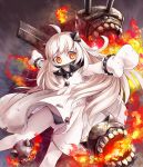  1girl ahoge akama_zenta black_panties dress highres horns kantai_collection long_hair looking_at_viewer machinery mittens northern_ocean_hime open_mouth outstretched_arms pale_skin panties shinkaisei-kan side-tie_panties spread_arms tagme teeth torn_clothes underwear white_dress white_hair 