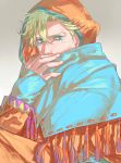  1boy blonde_hair caesar_anthonio_zeppeli cloak facial_mark green_eyes highres hood idachi jojo_no_kimyou_na_bouken solo 