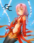  1girl bare_shoulders black_legwear breasts center_opening cleavage detached_sleeves elbow_gloves fingerless_gloves gloves guilty_crown hair_ornament hairclip long_hair looking_at_viewer navel pink_hair red_eyes smile solo thigh-highs twintails yuzuriha_inori 
