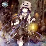  1girl black_hair brown_eyes capelet chain copyright_name hat holding knife lantern long_hair looking_at_viewer miyase_mahiro monster_monster official_art original parted_lips solo tagme torn_clothes 
