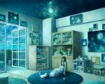  1girl bangs blunt_bangs bookshelf cat clock closed_eyes dress full_moon glass indoors kazami_(kuroro) long_hair moon open_door painting_(object) sitting solo 